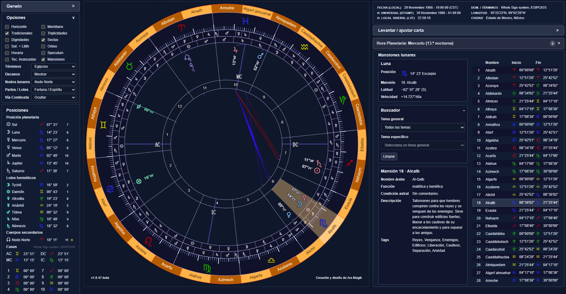 Ars MagiK Astro · Mansiones lunares en modo noche